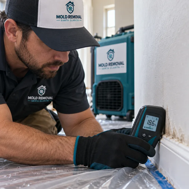 Professional moisture meter reading at a baseboard and drywall seam after a leak with wet flooring protected