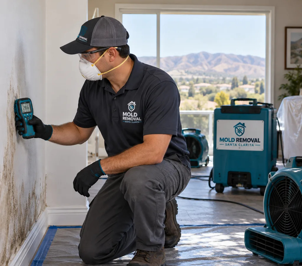 Local restoration technician using a moisture meter on wet drywall in a Santa Clarita home with drying equipment nearby