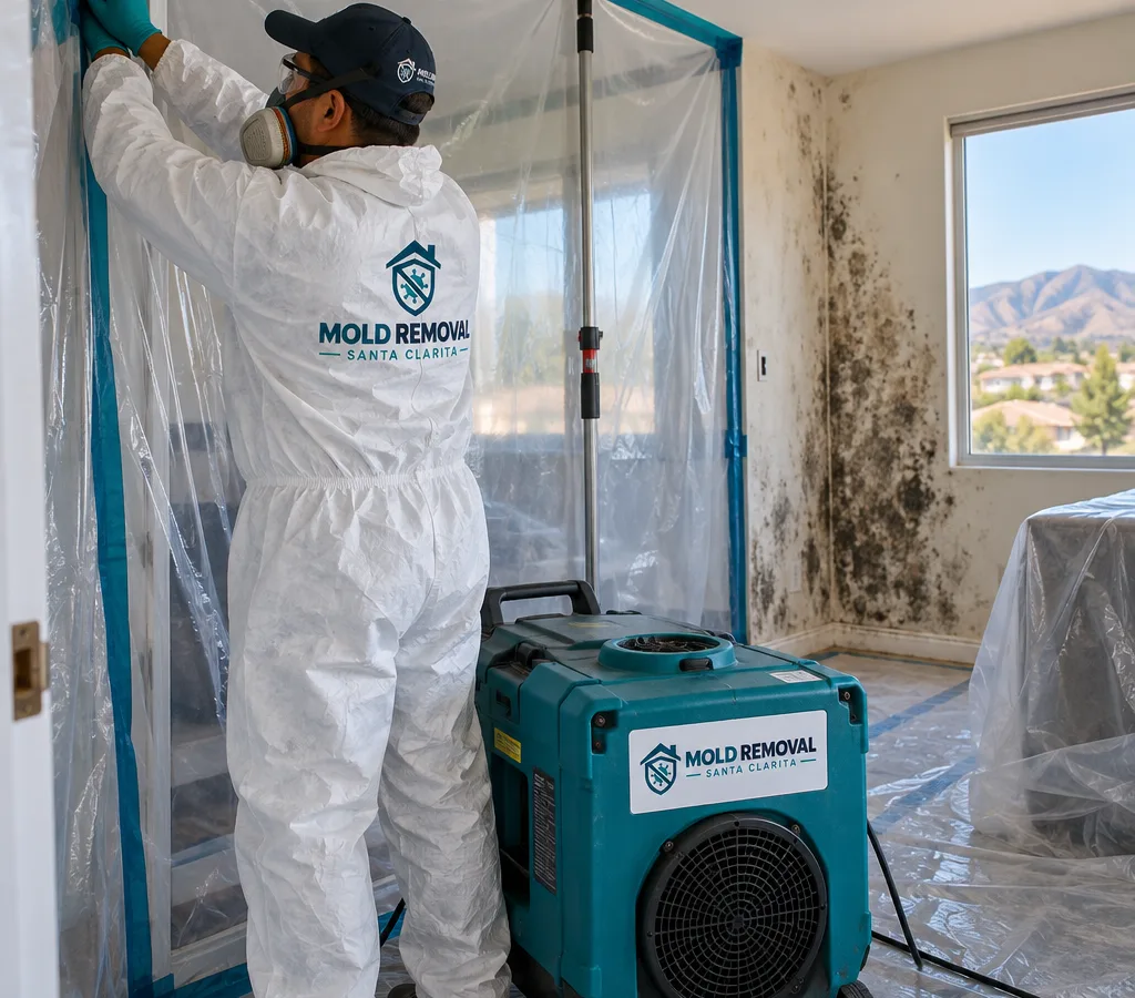Technician in full PPE setting up containment and a HEPA air scrubber in a Santa Clarita home