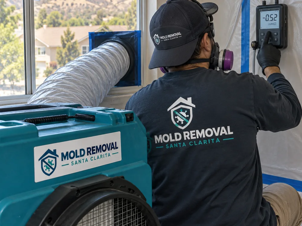 Negative air machine with HEPA filtration and pressure monitoring during mold remediation