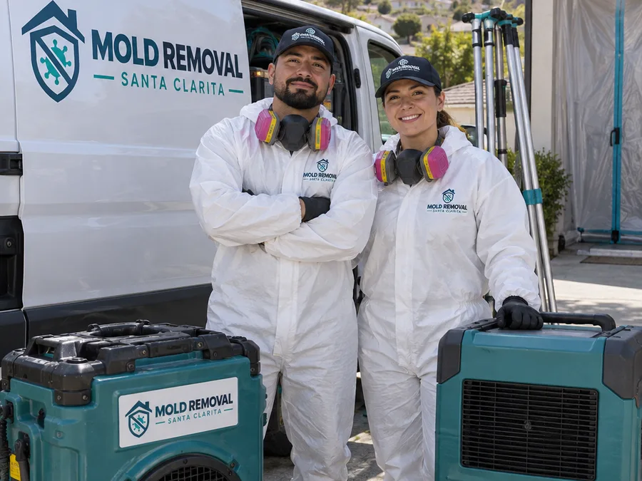 Two remediation technicians with containment and drying equipment in Santa Clarita